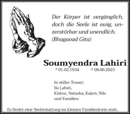 Todesanzeige von Soumyendra Lahiri von saarbruecker_zeitung