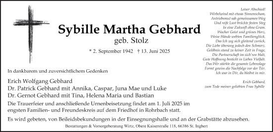 Todesanzeige von Sybille Martha Gebhard von saarbruecker_zeitung