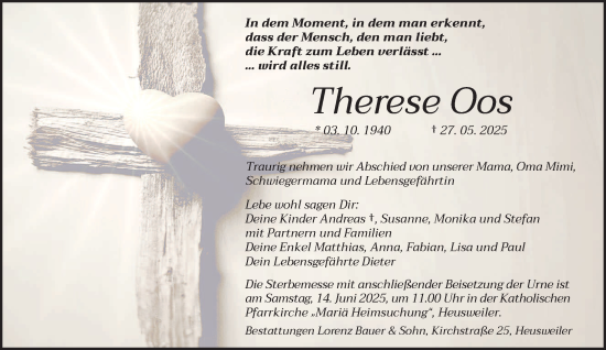 Todesanzeige von Therese Oos von saarbruecker_zeitung