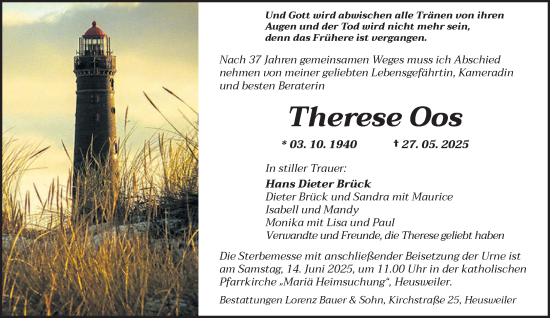 Todesanzeige von Therese Oos von saarbruecker_zeitung