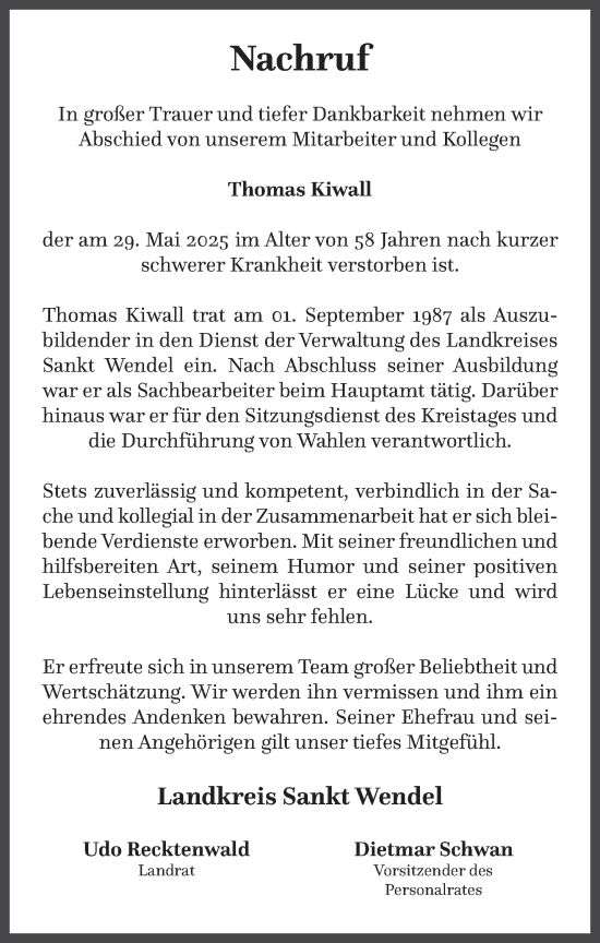 Todesanzeige von Thomas Kiwall von saarbruecker_zeitung