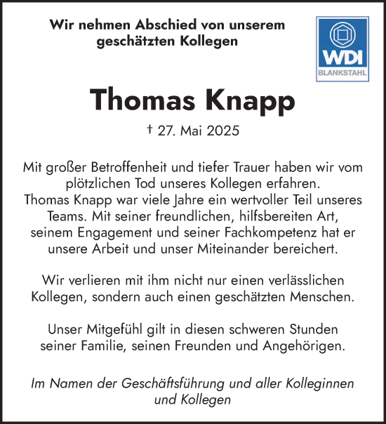 Todesanzeige von Thomas Knapp von saarbruecker_zeitung