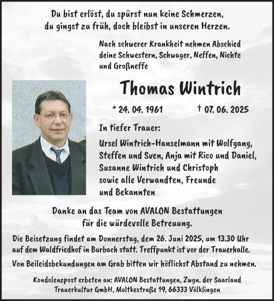 Todesanzeige von Thomas Wintrich von saarbruecker_zeitung