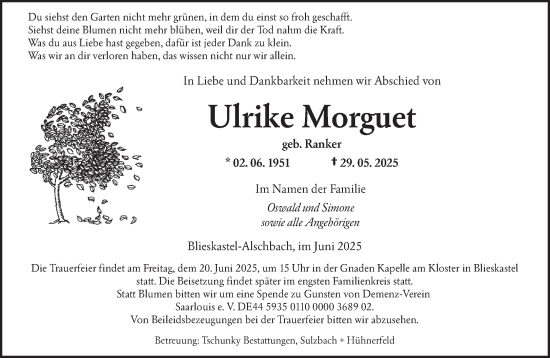 Todesanzeige von Ulrike Morguet von saarbruecker_zeitung