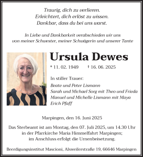 Todesanzeige von Ursula Dewes von saarbruecker_zeitung