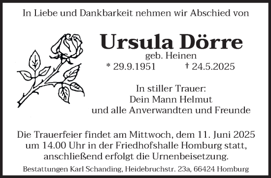 Todesanzeige von Ursula Dörre von saarbruecker_zeitung