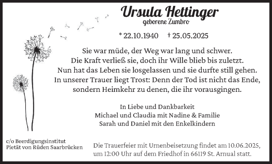 Todesanzeige von Ursula Hettinger von saarbruecker_zeitung