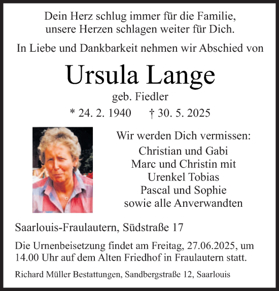 Todesanzeige von Ursula Lange von saarbruecker_zeitung