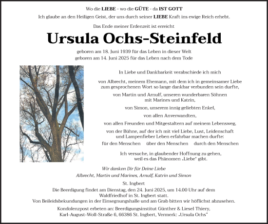 Todesanzeige von Ursula Ochs-Steinfeld von saarbruecker_zeitung