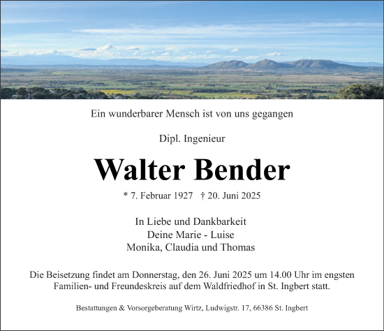 Todesanzeige von Walter Bender von saarbruecker_zeitung