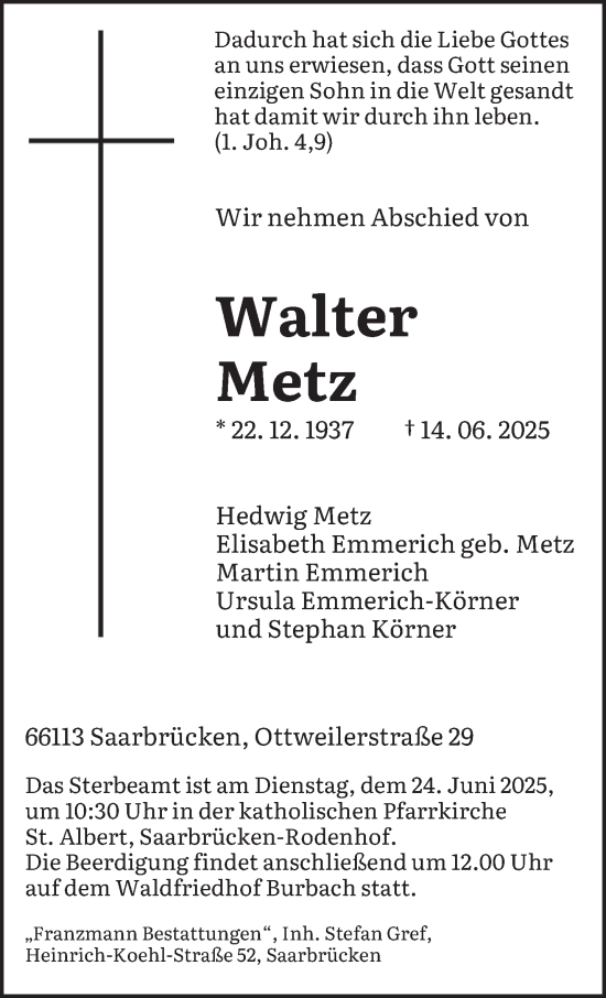 Todesanzeige von Walter Metz von saarbruecker_zeitung