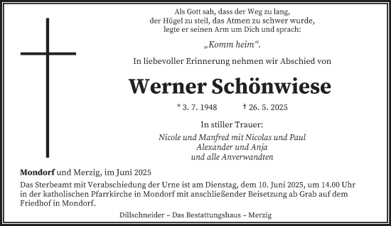 Todesanzeige von Werner Schönwiese von saarbruecker_zeitung