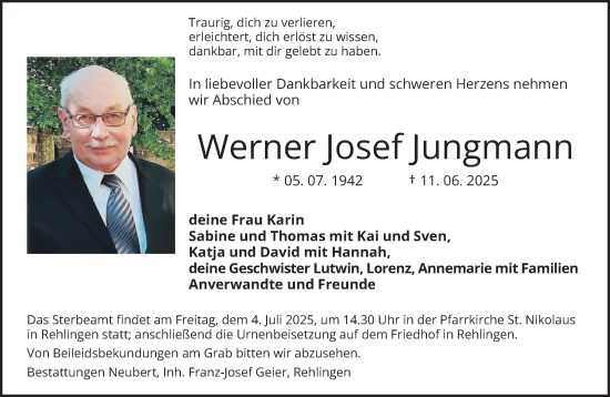 Todesanzeige von Werner Josef Jungmann von saarbruecker_zeitung
