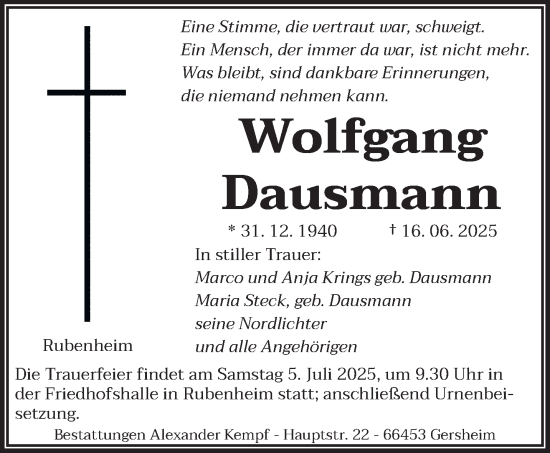 Todesanzeige von Wolfgang Dausmann von saarbruecker_zeitung