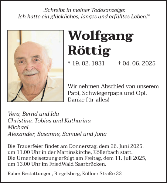 Todesanzeige von Wolfgang Röttig von saarbruecker_zeitung