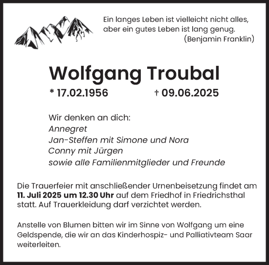 Todesanzeige von Wolfgang Troubal von saarbruecker_zeitung