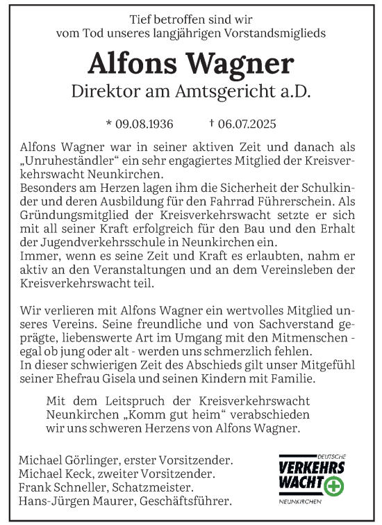 Todesanzeige von Alfons Wagner von saarbruecker_zeitung