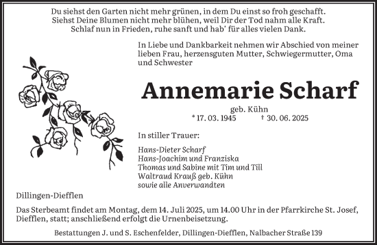Todesanzeige von Annemarie Scharf von saarbruecker_zeitung