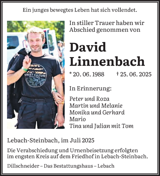 Todesanzeige von David Linnenbach von saarbruecker_zeitung