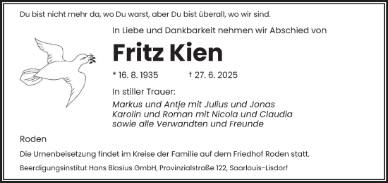 Todesanzeige von Fritz Kien von saarbruecker_zeitung