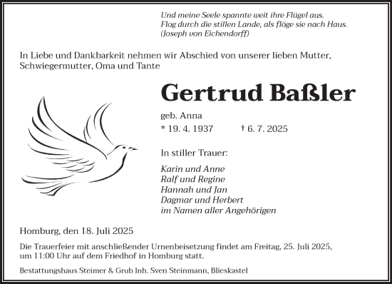 Todesanzeige von Gertrud Baßler von saarbruecker_zeitung