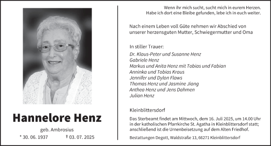 Todesanzeige von Hannelore Henz von saarbruecker_zeitung