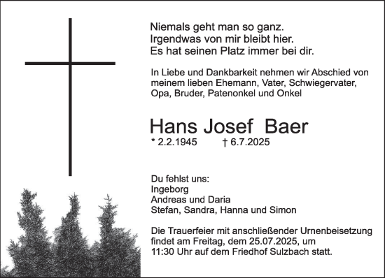 Todesanzeige von Hans Josef Baer von saarbruecker_zeitung