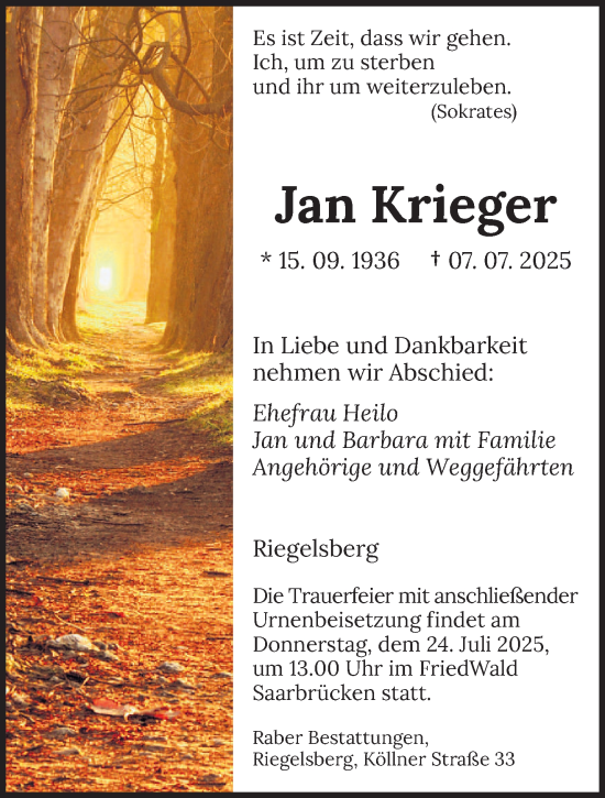 Todesanzeige von Jan Krieger von saarbruecker_zeitung
