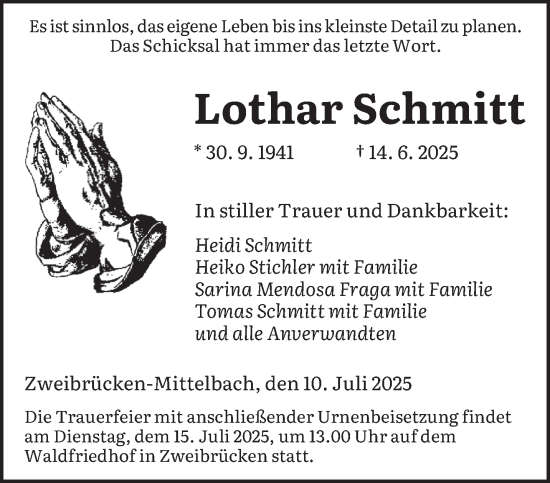 Todesanzeige von Lothar Schmitt von saarbruecker_zeitung