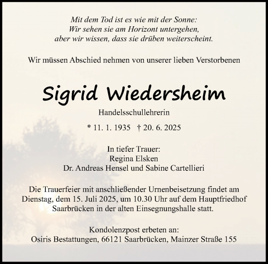 Todesanzeige von Sigrid Wiedersheim von saarbruecker_zeitung