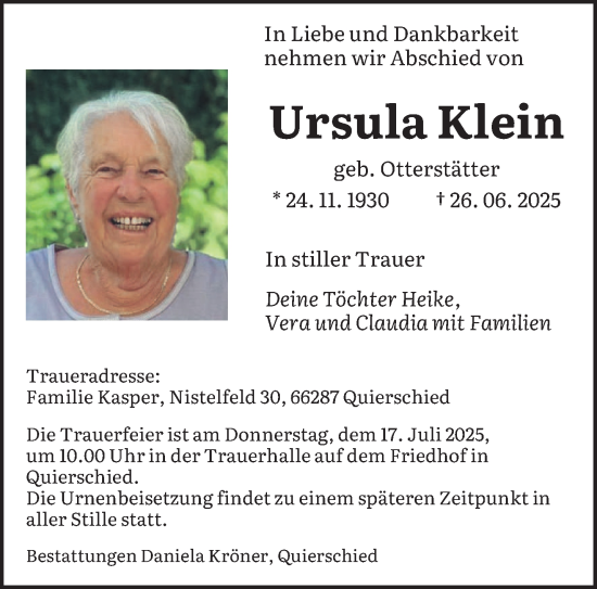 Todesanzeige von Ursula Klein von saarbruecker_zeitung