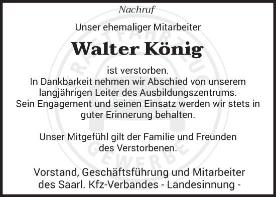 Todesanzeige von Walter König von saarbruecker_zeitung
