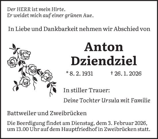 Todesanzeige von Anton Dziendziel von saarbruecker_zeitung