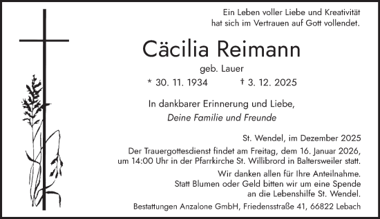 Todesanzeige von Cäcilia Reimann von saarbruecker_zeitung