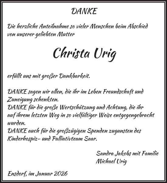 Todesanzeige von Christa Urig von saarbruecker_zeitung