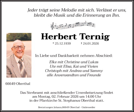 Todesanzeige von Herbert Ternig von saarbruecker_zeitung