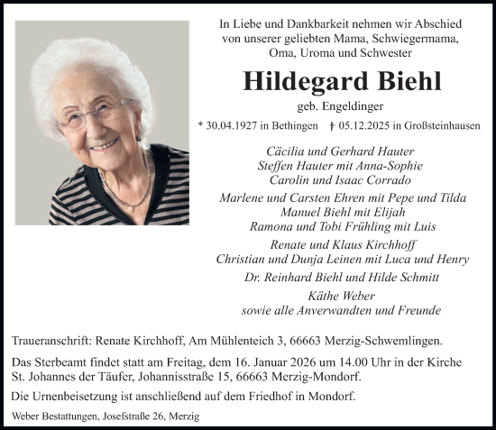 Todesanzeige von Hildegard Biehl von saarbruecker_zeitung