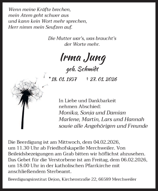 Todesanzeige von Irma Jung von saarbruecker_zeitung