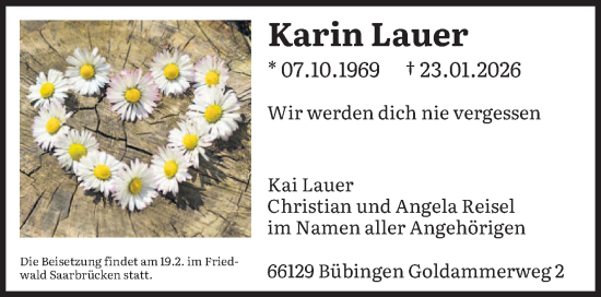 Todesanzeige von Karin Lauer von saarbruecker_zeitung