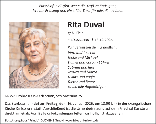 Todesanzeige von Rita Duval von saarbruecker_zeitung