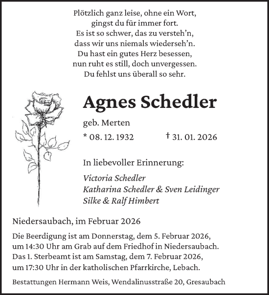 Todesanzeige von Agnes Schedler von saarbruecker_zeitung