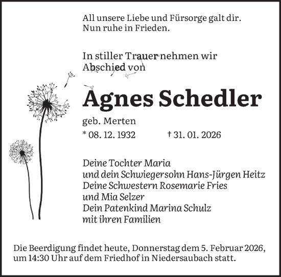 Todesanzeige von Agnes Schedler von saarbruecker_zeitung