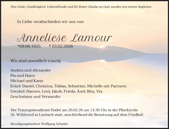 Todesanzeige von Anneliese Lamour von saarbruecker_zeitung
