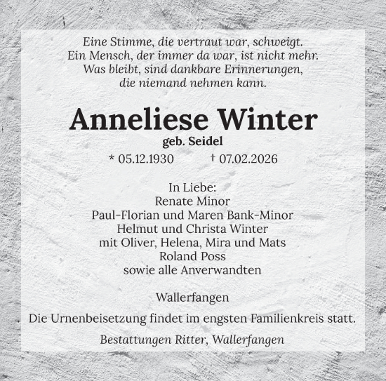 Todesanzeige von Anneliese Winter von saarbruecker_zeitung