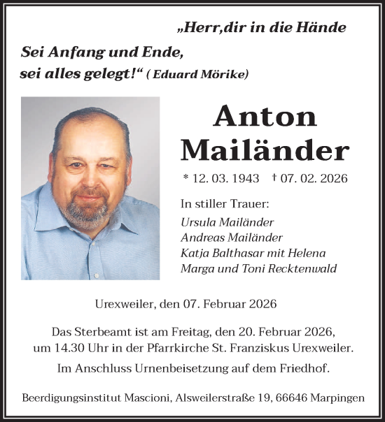 Todesanzeige von Anton Mailänder von saarbruecker_zeitung