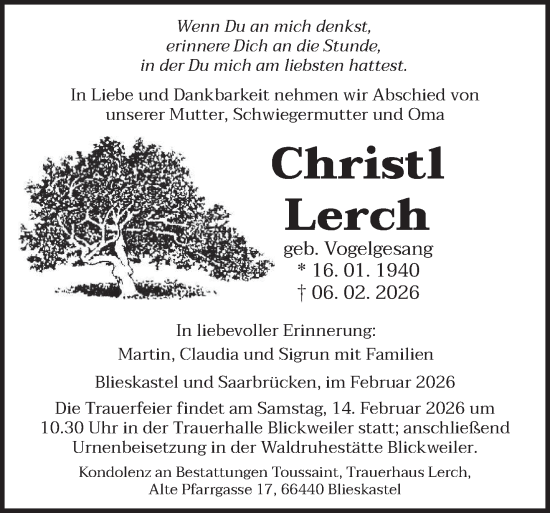 Todesanzeige von Christl Lerch von saarbruecker_zeitung