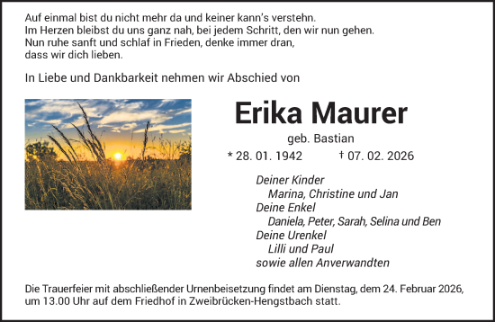 Todesanzeige von Erika Maurer von saarbruecker_zeitung