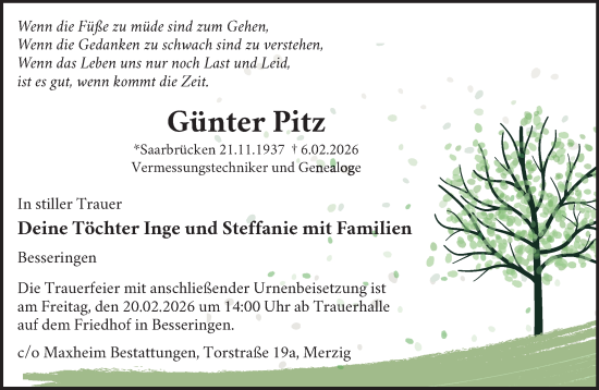 Todesanzeige von Günter Pitz von saarbruecker_zeitung