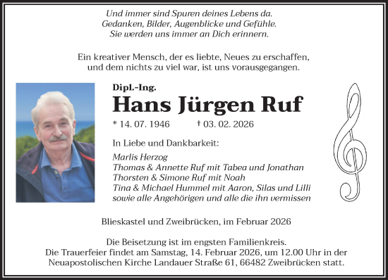Todesanzeige von Hans Jürgen Ruf von saarbruecker_zeitung