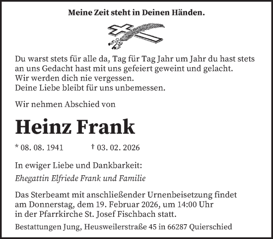 Todesanzeige von Heinz Frank von saarbruecker_zeitung